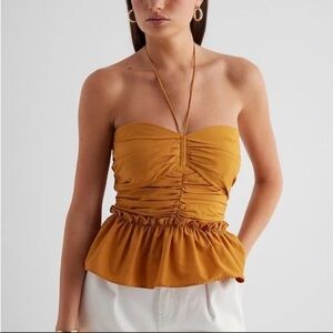 Like New Express Mustard Yellow Ruched Peplum Halter Top Size M
